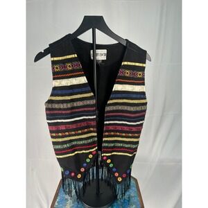 Vintage 80's 90's Black Embroidered Fringe Vest Women's Size M Boho Festival